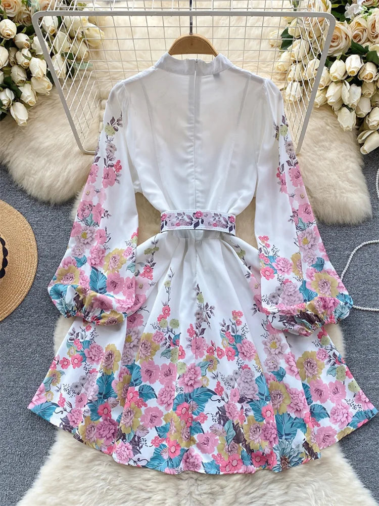 Spring Clothes For Women Vintage Floral Print Dress Stand Collar Long Sleeve Mini Dress With Belt Wedding Elegant Party Dresses