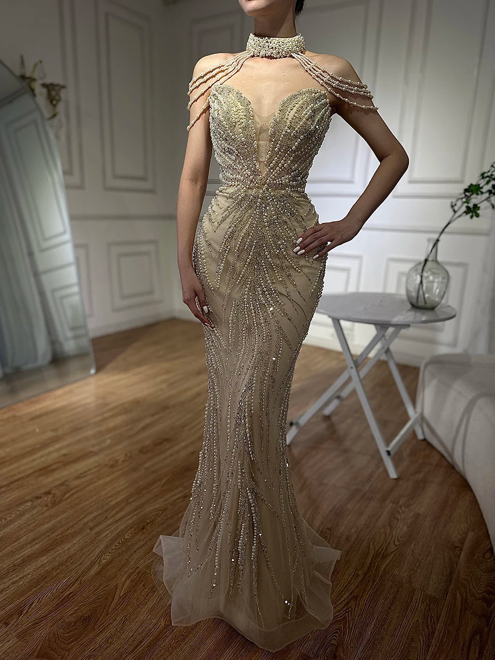 Serene Hill 2024 Arabic Nude Halter Neck Mermaid Pearls Beaded Luxury Dubai Evening Gown for Women's Party LA72696