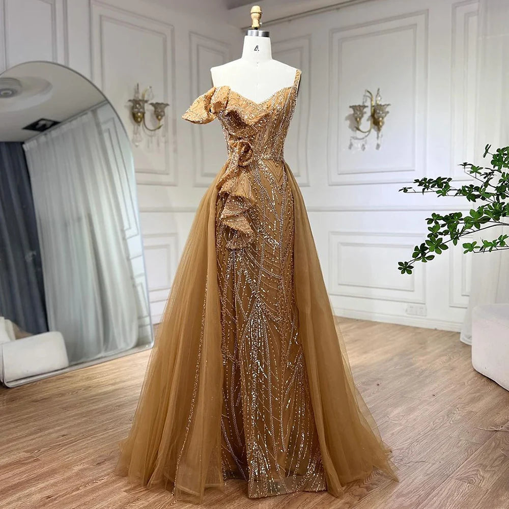 Serene Hill Golden Mermaid Evening Dress With Skirt - Women's Luxury Grey Beaded Spaghetti Strap Party 2024, LA72341