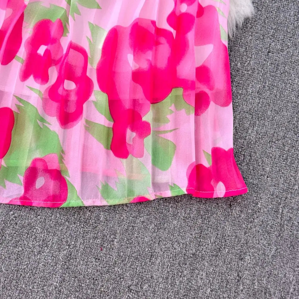 Summer Vintage Casual A-Line Floral Print Women Dress Elegant Chic Pleated Party Prom Vestidos with Belted Female Long Robe