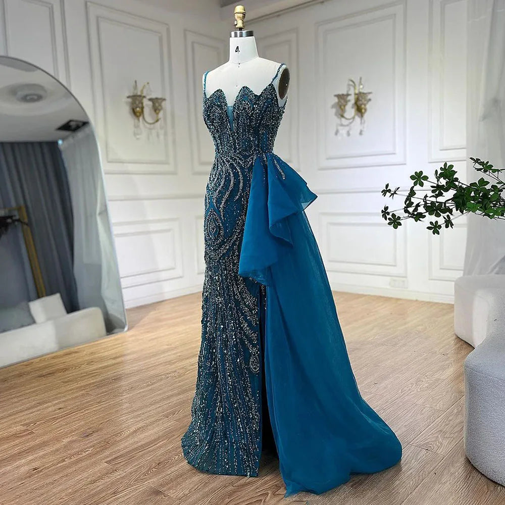 SERENE HILL 2024 Turquoise Spaghetti Strap Luxury Beaded Evening Dresses Mermaid Elegant Overskirt Gown For Women Party GLA72378