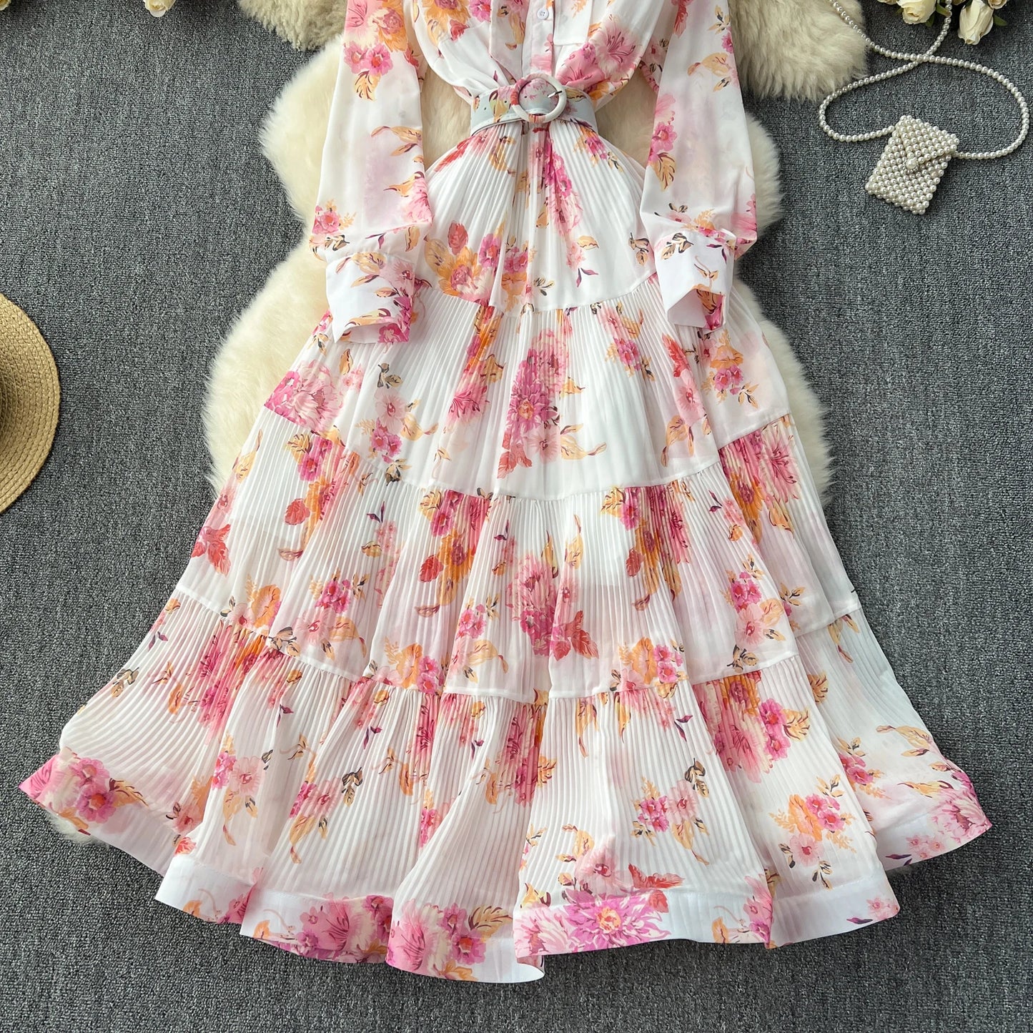 French Vintage Ruffle Lace-up Bow Puff Sleeves Long Sleeves Dress korean fashion Casual Women Fashion summer dresses