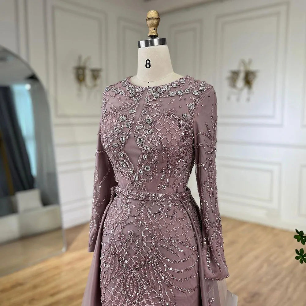 Serene Hill Muslim Silver Nude Mermaid Gown with Detachable Overskirt Beaded Evening Dress for Women Wedding Party 2024 LA71919