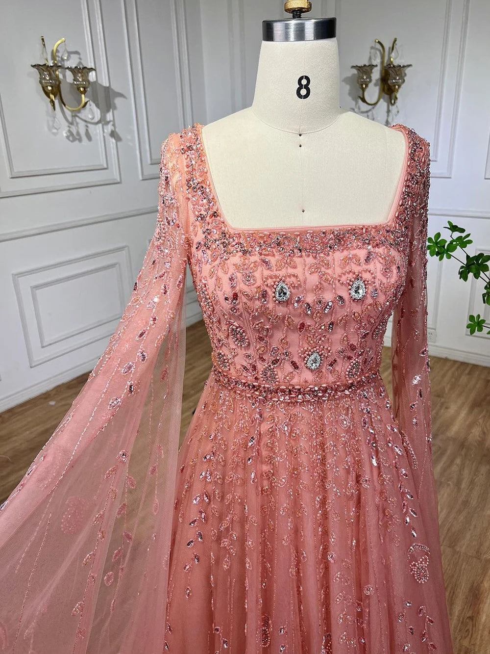 Serene Hill 2024 Muslim Pink A Line Beaded Elegant Cape Sleeve Luxury Evening Dresses Gowns For Women Wedding Party LA71803A