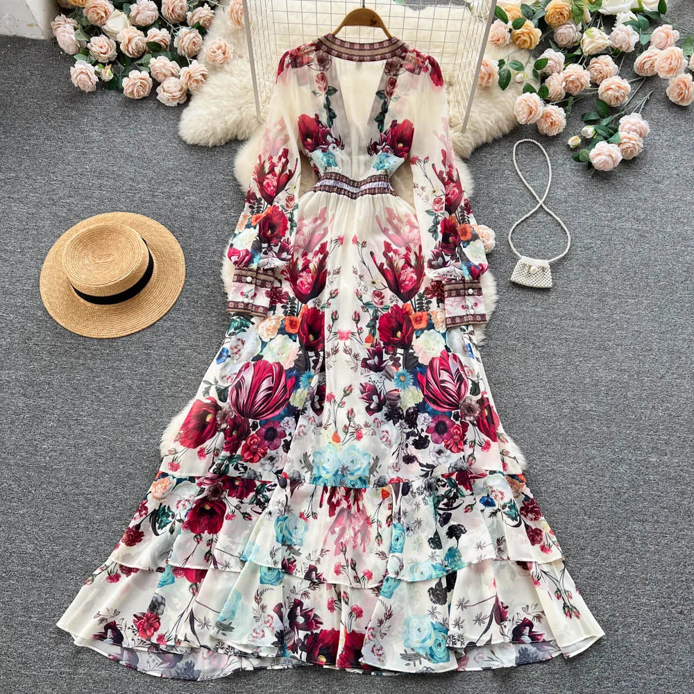 Retro Floral Print Pleated Elegant Chiffon Maxi Dress A-line Mesh V Neck Beach Vacation Party Dress Women Summer Spring Vestidos