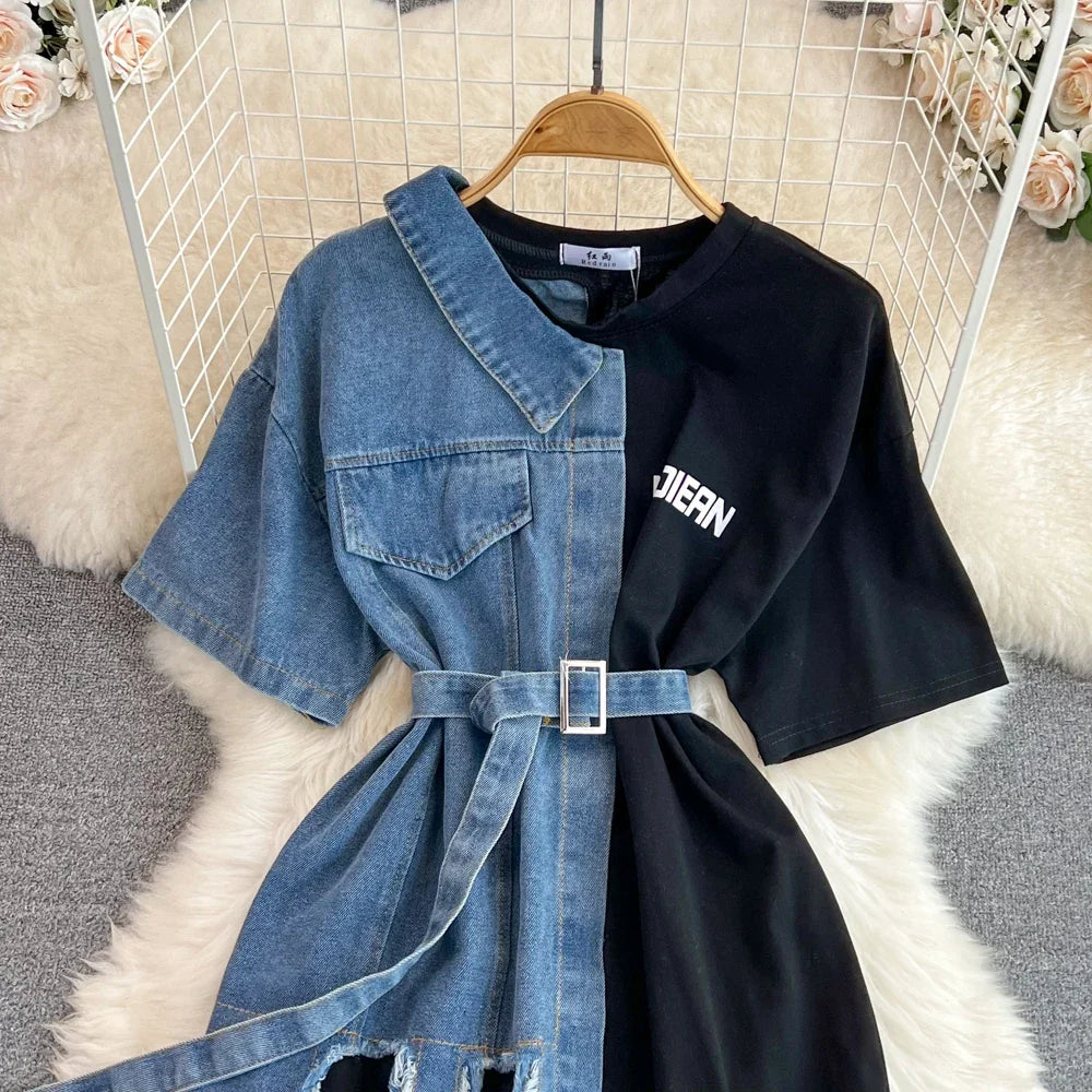 Women Summer Casual T Shirt Short Sleeve Streetwear Patchwork Denim Long Shirts Female O-neck Slim Jeans Tops