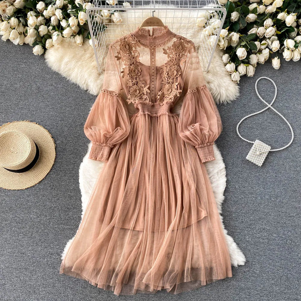 Retro Elegant Mesh Pleated two pieces Dress sets Sexy Fairy puff sleeve Summer Casual Vestidos Slim Women Evening Party Dress