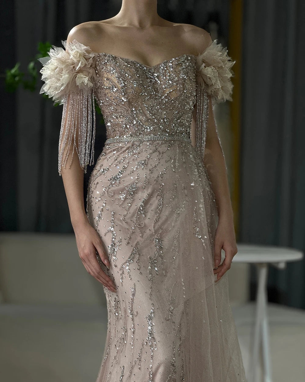 Serene Hill Arabic Dubai Nude Mermaid Luxury Evening Dresses Gowns Boat Neck Beaded Tassel For Women Wedding Party 2024 LA72260