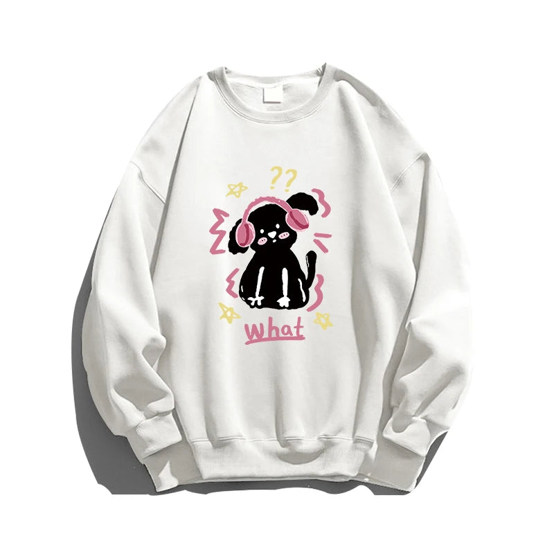 2024 Spring Autumn New Couple Top Unisex Thickened Retro Oversize Pullover Cartoon Puppy Print Round Neck Long Sleeves Pullovers