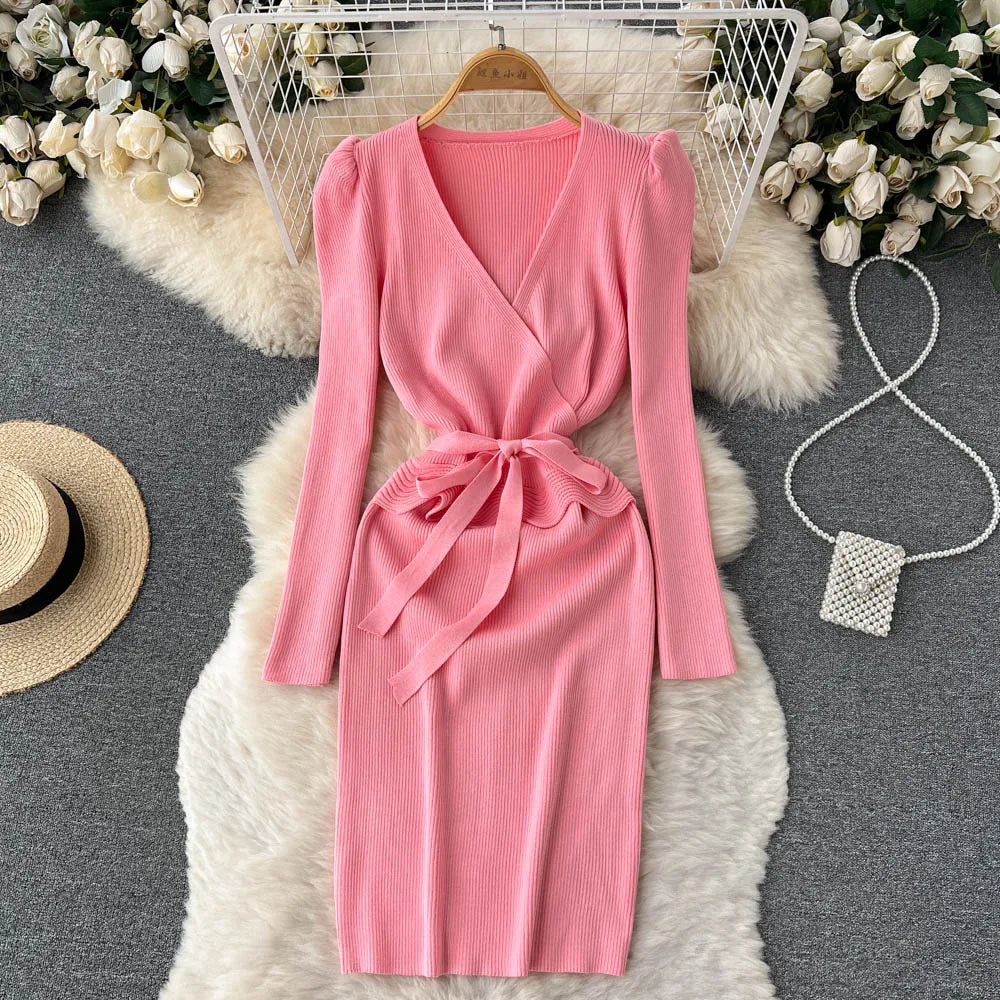 Women Long Sleeve V Neck Sexy Knit Bodycon Dress Chic Vintage Lace Up French Fashion Vestidos Party Elegant Fashion Dresses Y2k