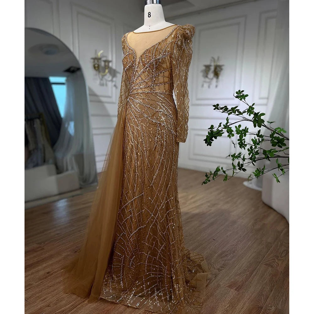 Serene Hill Muslim Gold Mermaid Beaded Luxury Dubai Evening Dresses Gowns With Overskirt 2024 For Women Party LA72206