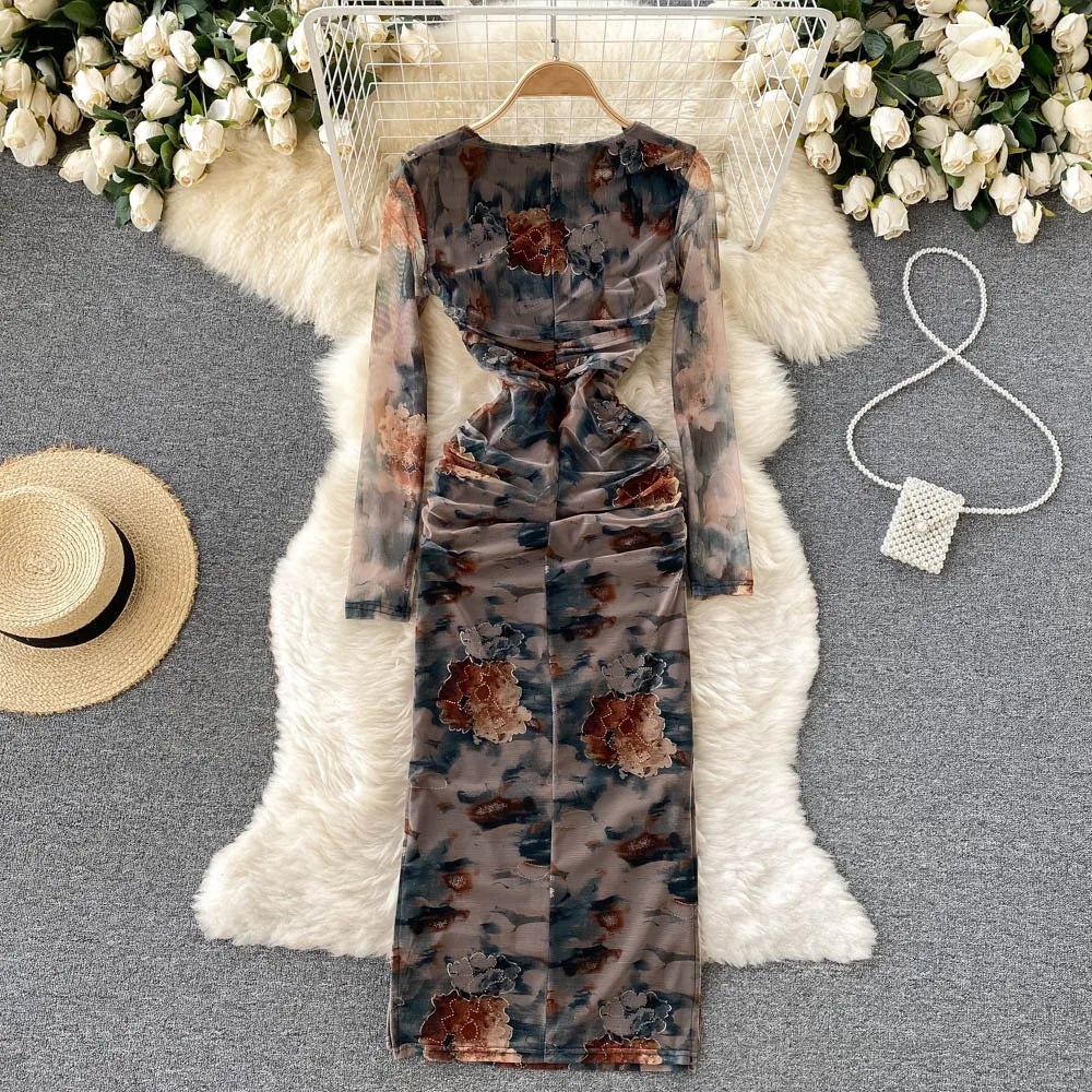 Elegant High Waist Fashion Print Pleated Split Dress Long Sleeve Square Neck Vestidos Autumn Winter Pencil Dress