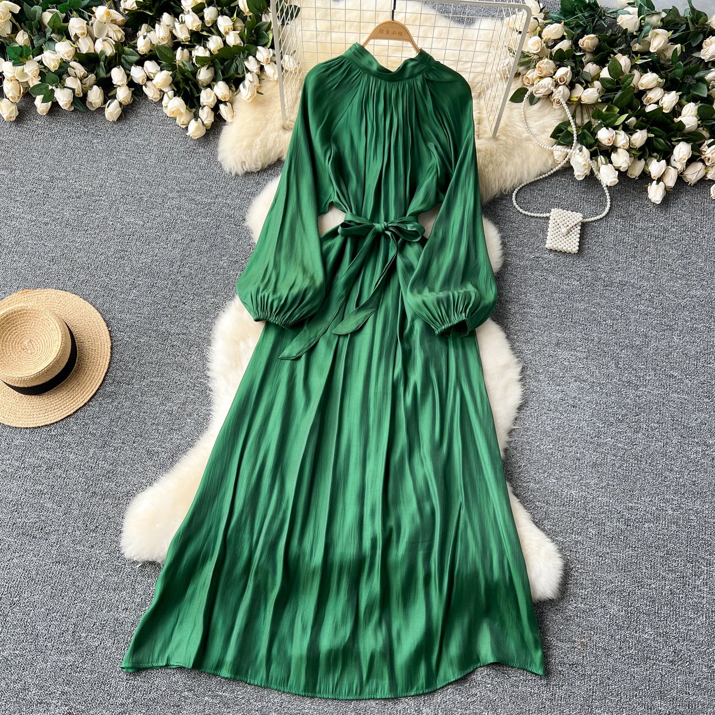 French Vintage Pleated lool sleeve print Lace-up Bow sweet Dress Casual Women Fashion summer dresses