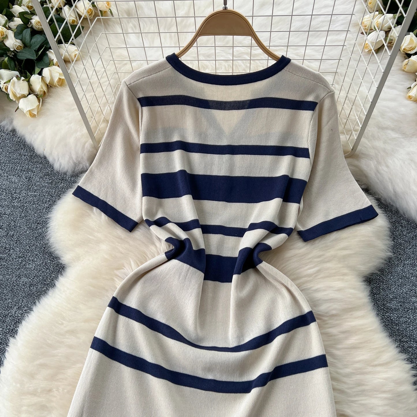 Sexy Chic short sleeve PATCHWORK v-Neck Striped Knit Dress Elegant Fashion Party Slim Summer A-line sweet dresses
