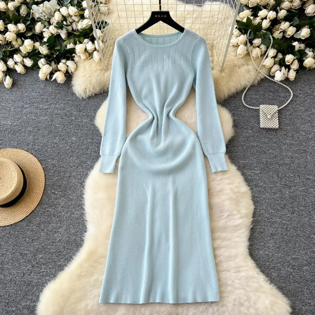 Elegant Solid Knitted Dress for Women Autumn French Vintage O-Neck Long Sleeve Fashion Evening Party Sweater Slim Midi Dresses