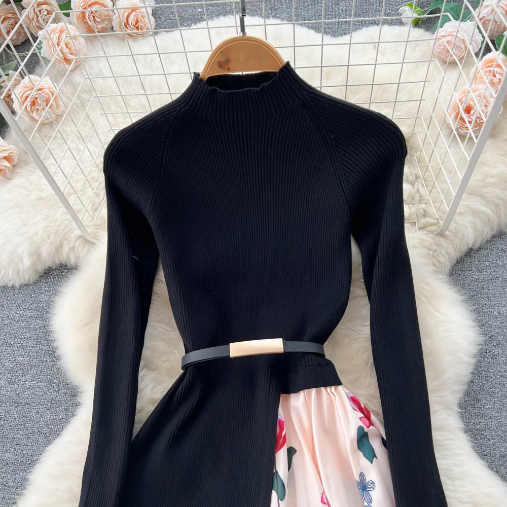 Elegant Chic Print Patchwork Knit Dress French Long Sleeve Party A-line Vestidos High Waist Basic Slim Women Autumn Winter Dress