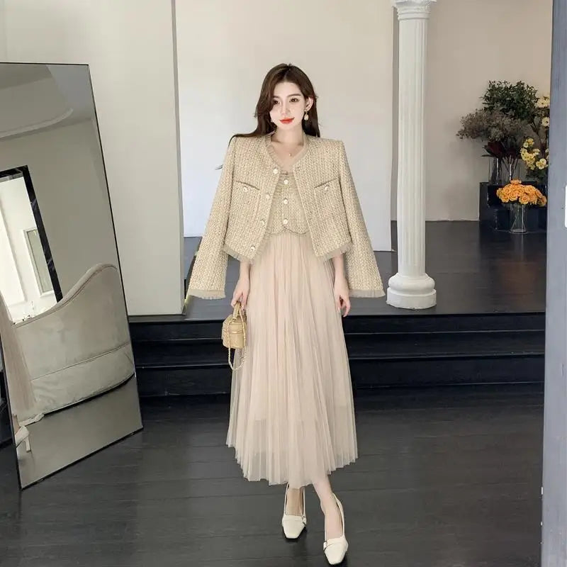 Elegant Small Fragrance Two-Piece for Women's Strap Mesh Midi Dress+Short Thick Tweed Jacket for Women's Spring and Autumn Set