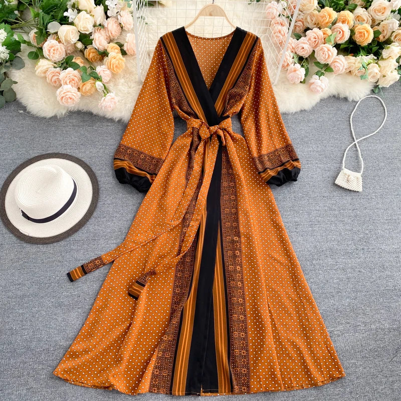 Vintage Print Elegant Puff Sleeve One Piece Dress A-line Lace-up Beach Vacation Midi Dress Women Fashion Spring Autumn Vestidos