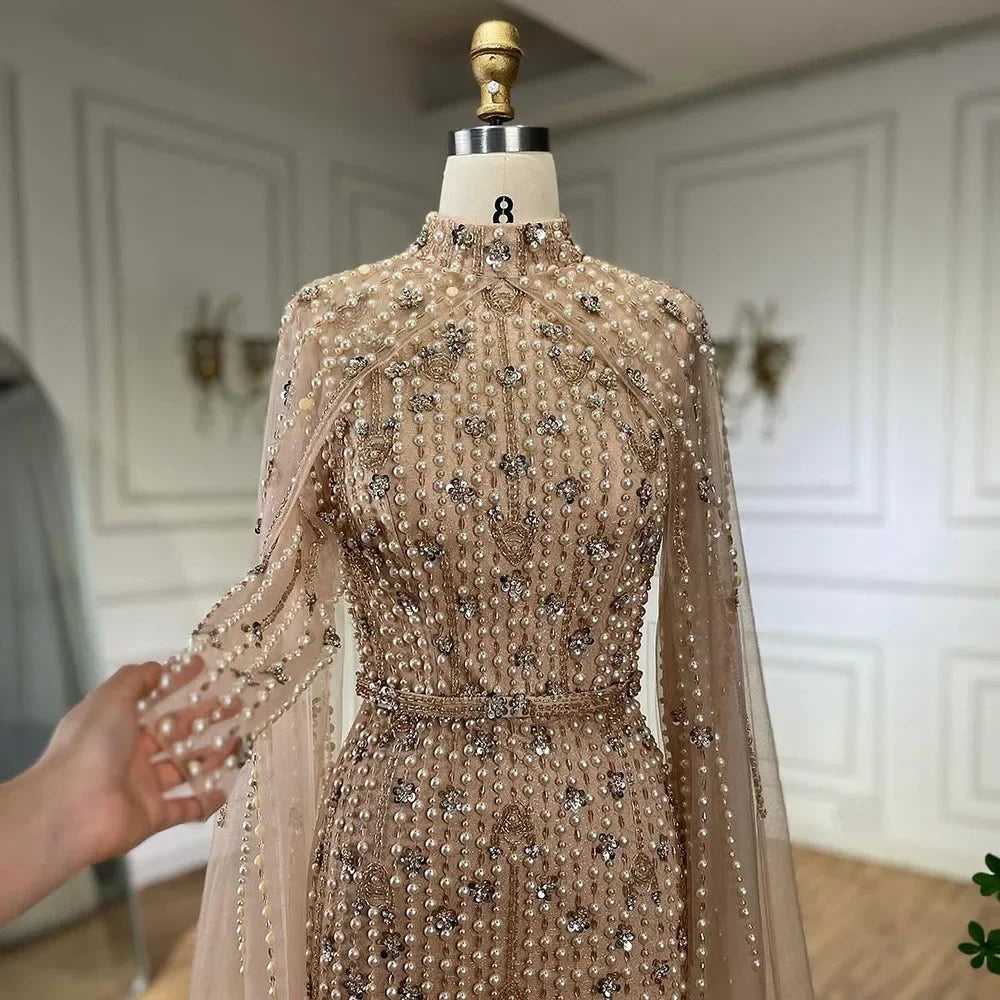 SERENE HILL 2024 Arabic Nude Mermaid Cape Long Sleeves Luxury Beaded Evening Dresses Formal Gowns Women Wedding Party GLA72372