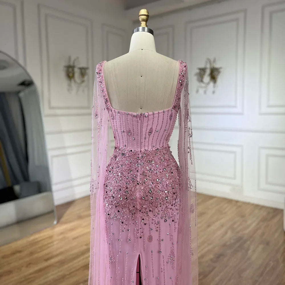 Serene Hill Arabic Gray Mermaid Beaded Luxury Dubai Long Evening Gown with Cape Sleeves Elegant for Women - Party 2024 BLA72592