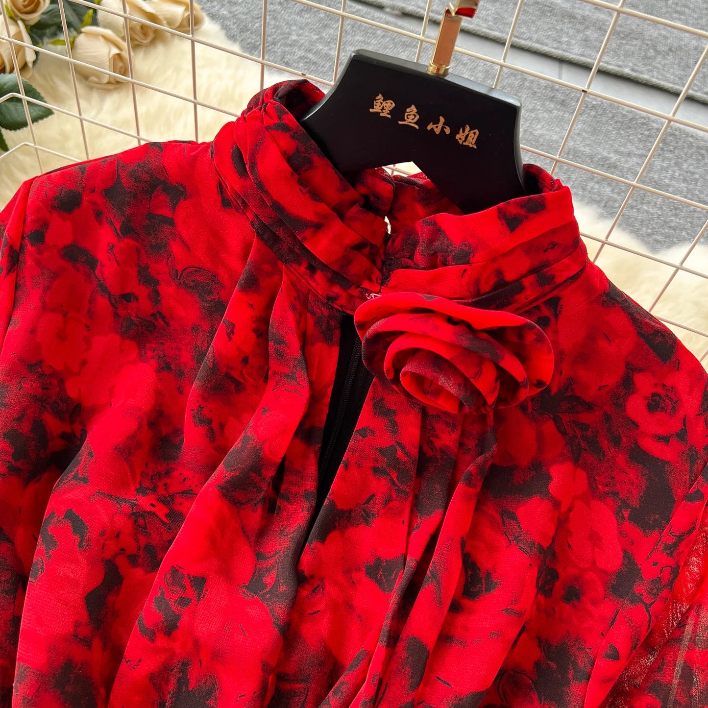 Chic French Sexy Pleated Floral Print Elegant Ruffle Dress Vintage Split Slim High Street Evening Women Autumn Winter Clothing