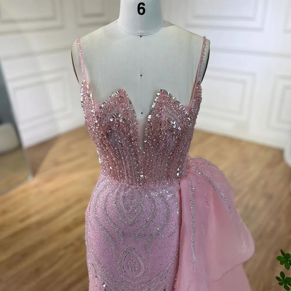 SERENE HILL 2024 Turquoise Spaghetti Strap Luxury Beaded Evening Dresses Mermaid Elegant Overskirt Gown For Women Party GLA72378