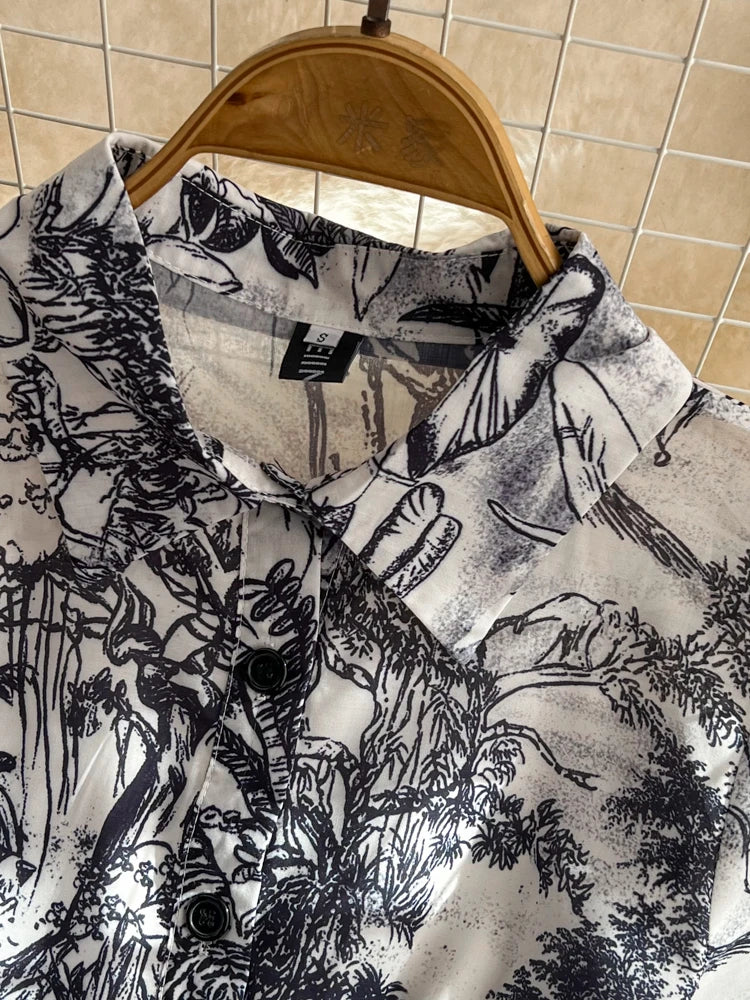 Summer Retro Shirt Dress Women Short Sleeved Lapel Single Breasted A-line Print Long Dresses Ladies Elegant Party Long Robe