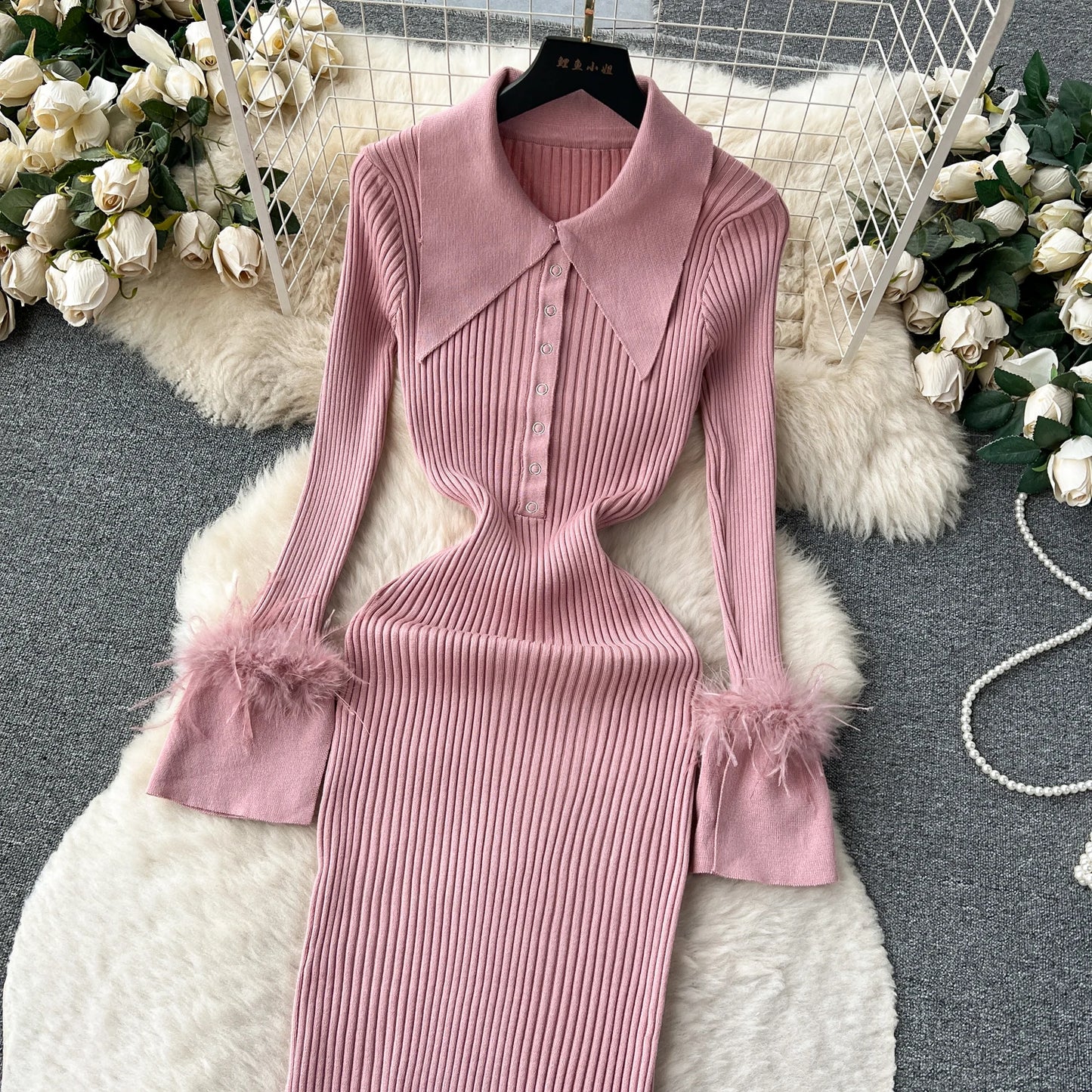 Elegant Turn-down Collar Feather Long Sleeve Knit Bodycon Pencil Dress Slim Fashion Sweater Vestido Sexy Women Winter Clothing