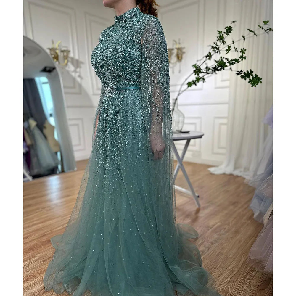 Serene Hill Blue A-Line High-end Beaded Luxury Cape Sleeves Evening Dresses Gowns 2024 For Woman Party Plus Size LA70066B