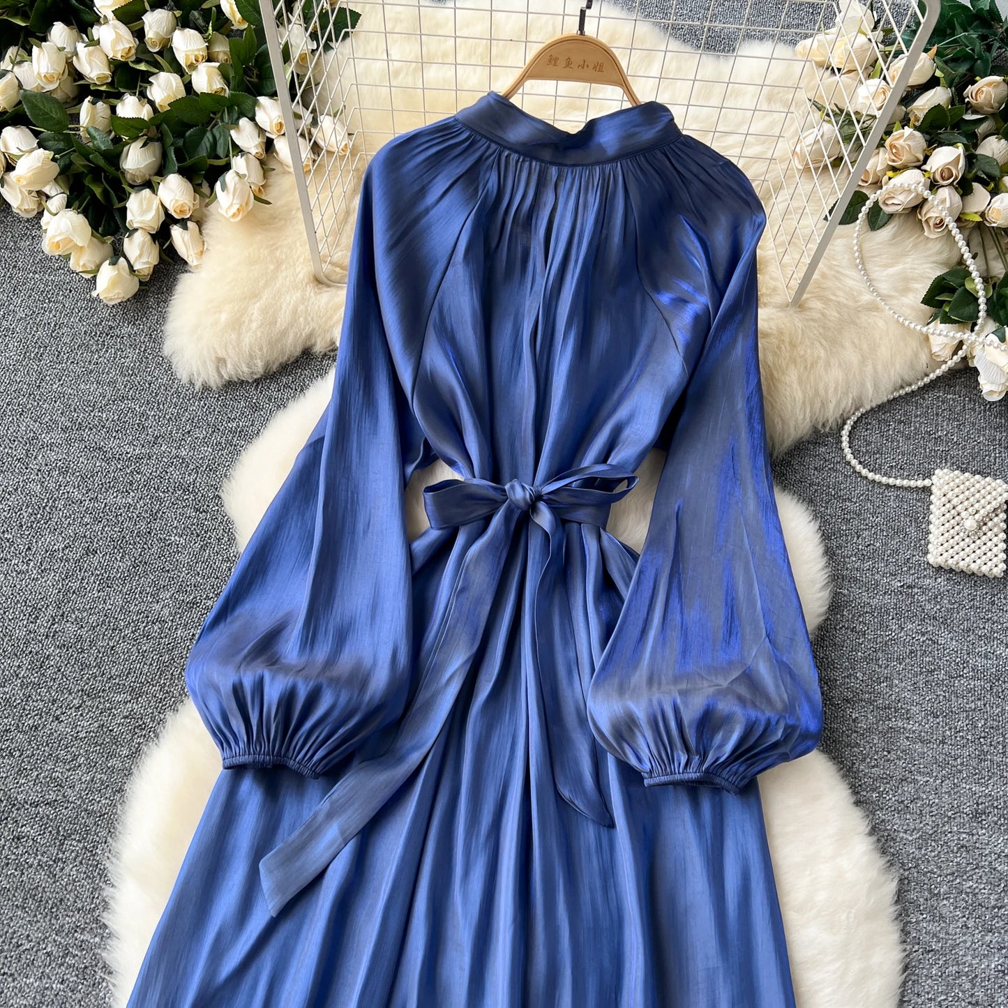 French Vintage Pleated lool sleeve print Lace-up Bow sweet Dress Casual Women Fashion summer dresses