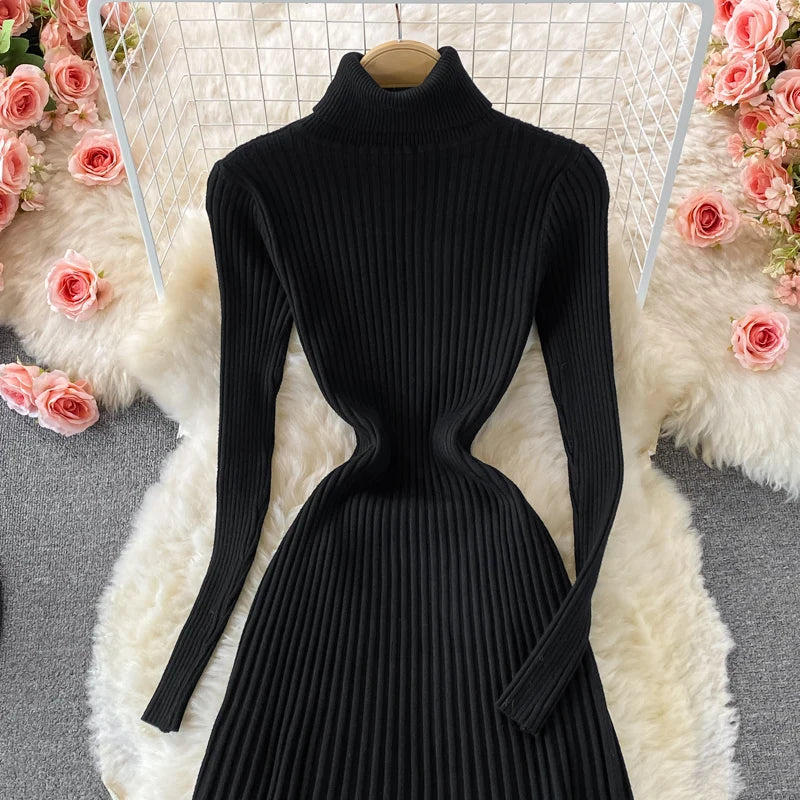 Women Chic Turtleneck Long Sleeve Sexy A-line Sweater Dress Vintage Korean Fashion Knit Vestido Elegant Autumn Winter Knitwear