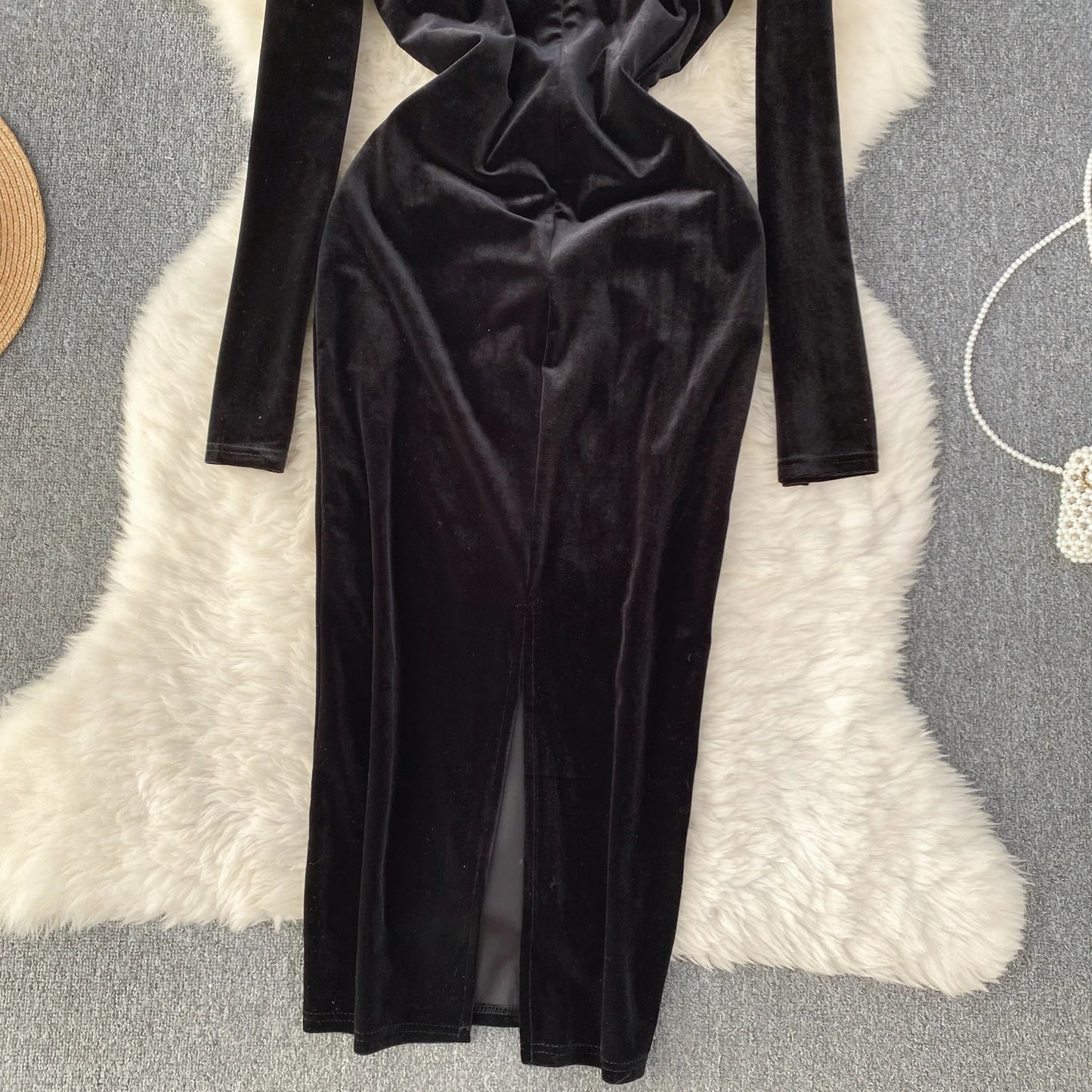 Chic Elegant Long Sleeve O Neck Rhine Stone Sequin Velvet Dress Sexy Vestidos High Waist Women Autumn Ceremonial Dress