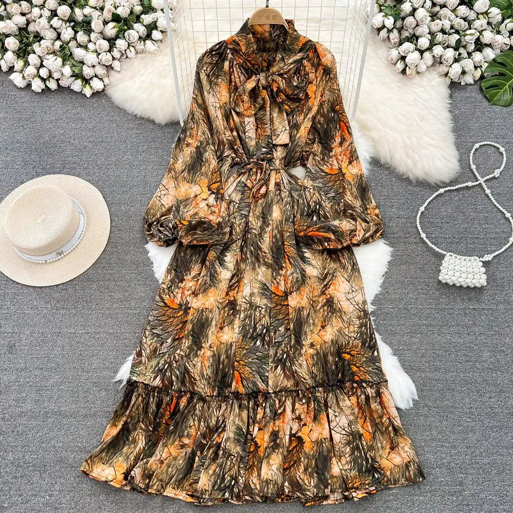 Elegant Casual A-Line Vintage Ruffle Print Long Dress Autumn Lantern Sleeve Party Boho Dresses Beach Holiday Female Vestidos