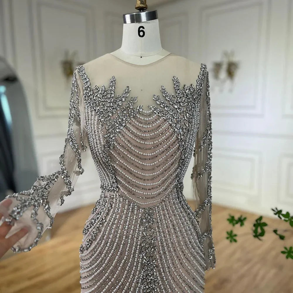 Serene Hill Luxury Crystal Pearls Dubai Sliver Nude Evening Dresses for Women Wedding Formal Prom Party Gown BLA72478