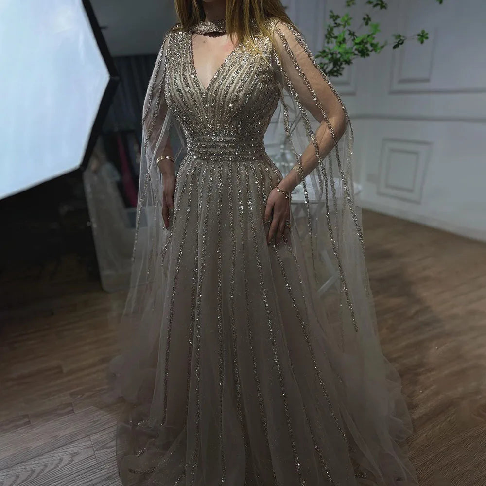 SERENE HILL 2024 Arabic Caramel A-Line Cape Sleeves Beaded Evening Dresses Luxury Gowns For Women Wedding Party GLA72171