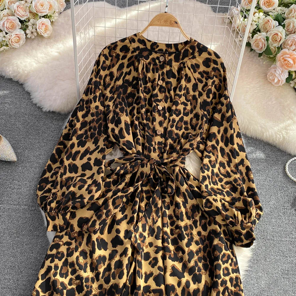 Vintage Women Casual Print Long Party Dress Elegant and Chic A-Line Leopard Prom Birthday Clothes Female Fashion Robe Autumn New