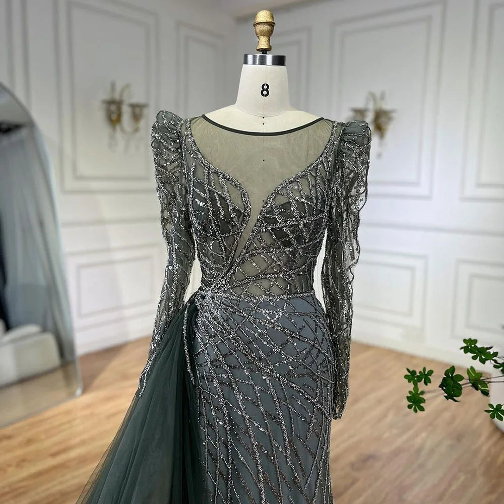 Serene Hill Muslim Gold Mermaid Beaded Luxury Dubai Evening Dresses Gowns With Overskirt 2024 For Women Party LA72206