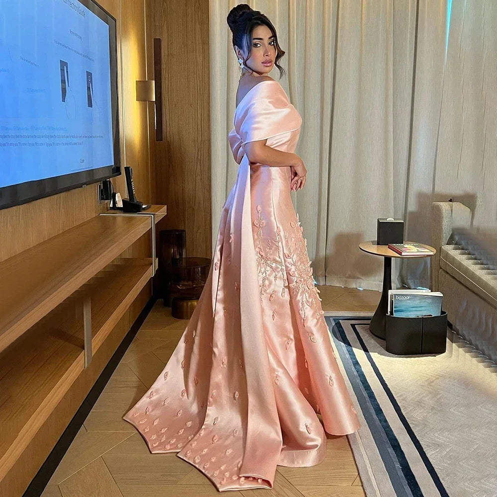 Serene Hill 2024 Luxury Saudi Arabia Off Shoulder Mermaid Peach Satin Luxury Women Evening Dress For Formal Occasions GLA72483