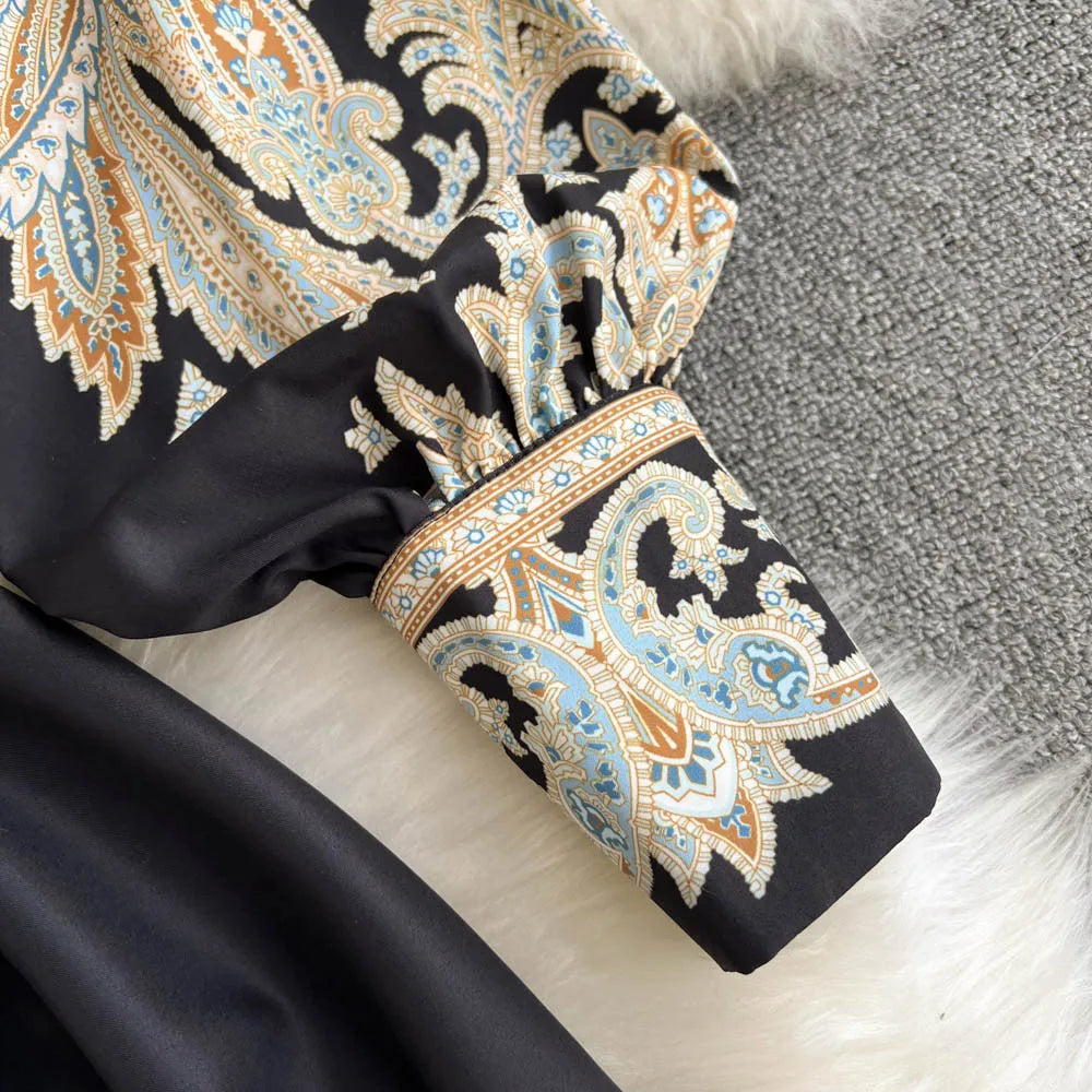 Retro Printed Party Dress Women Polo Collar Long Sleeve Elegant Long Dresses Spring Autumn French Single Breasted Shirt Dress