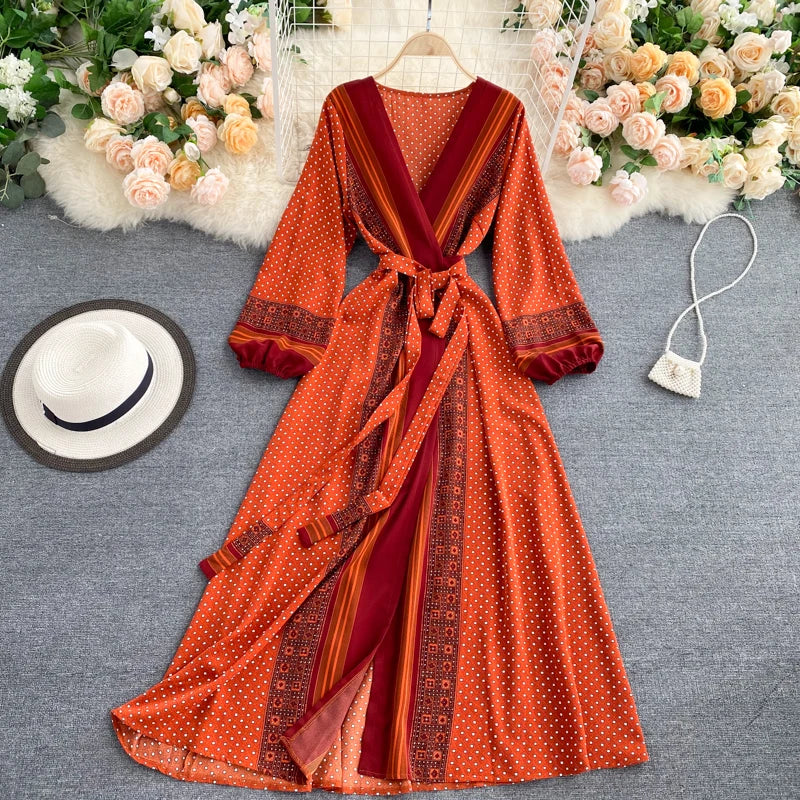 Vintage Print Elegant Puff Sleeve One Piece Dress A-line Lace-up Beach Vacation Midi Dress Women Fashion Spring Autumn Vestidos
