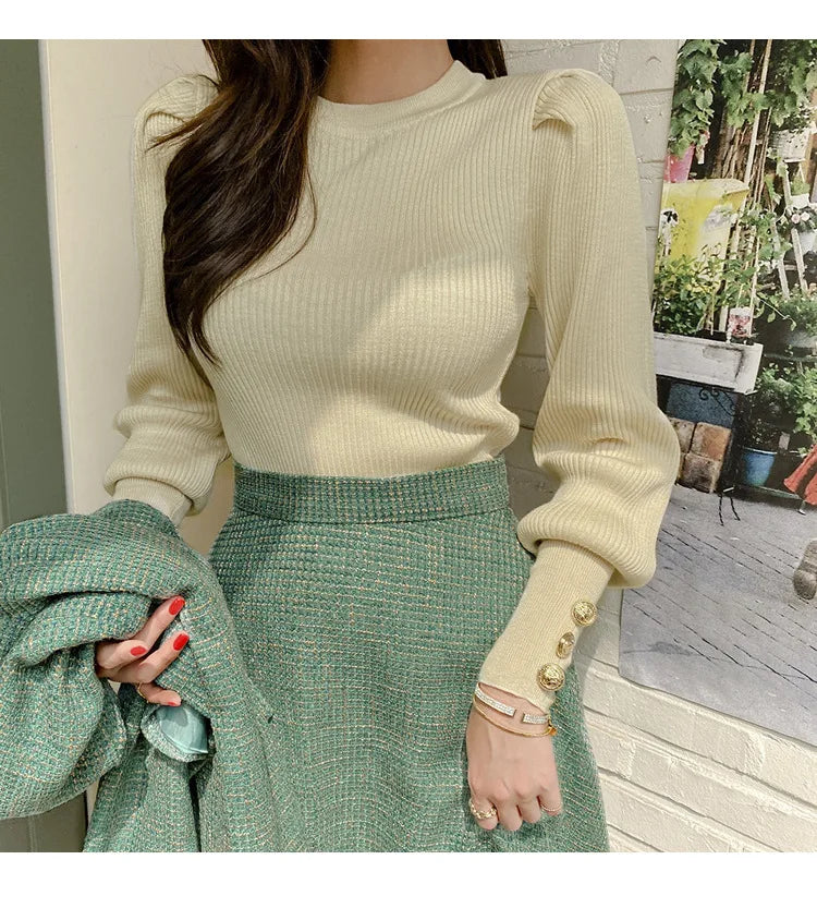 Elegant Temperament Two-Piece Set Tweed for Women Short Blazer Jacket +High Waist Swing Skirt Suits Green Korean Outfits