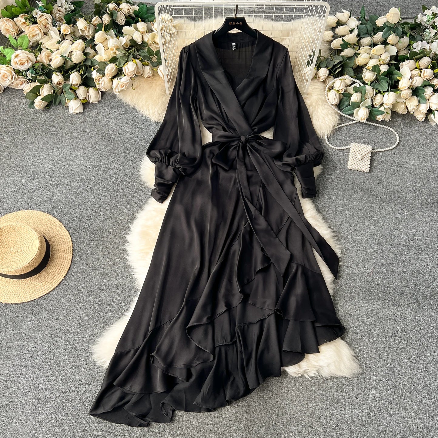 Women Elegant Satin Dress Summer Bandage High Waisted Ruffled Irregular Blazer Dresses Ladies A-line Vintage Party Long Robe