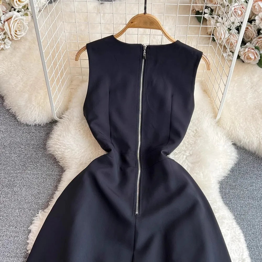Elegant Office Lady Long Dress Women Spring Summer Sleeveless Patchwork Black Dress Party Dress Vestidos