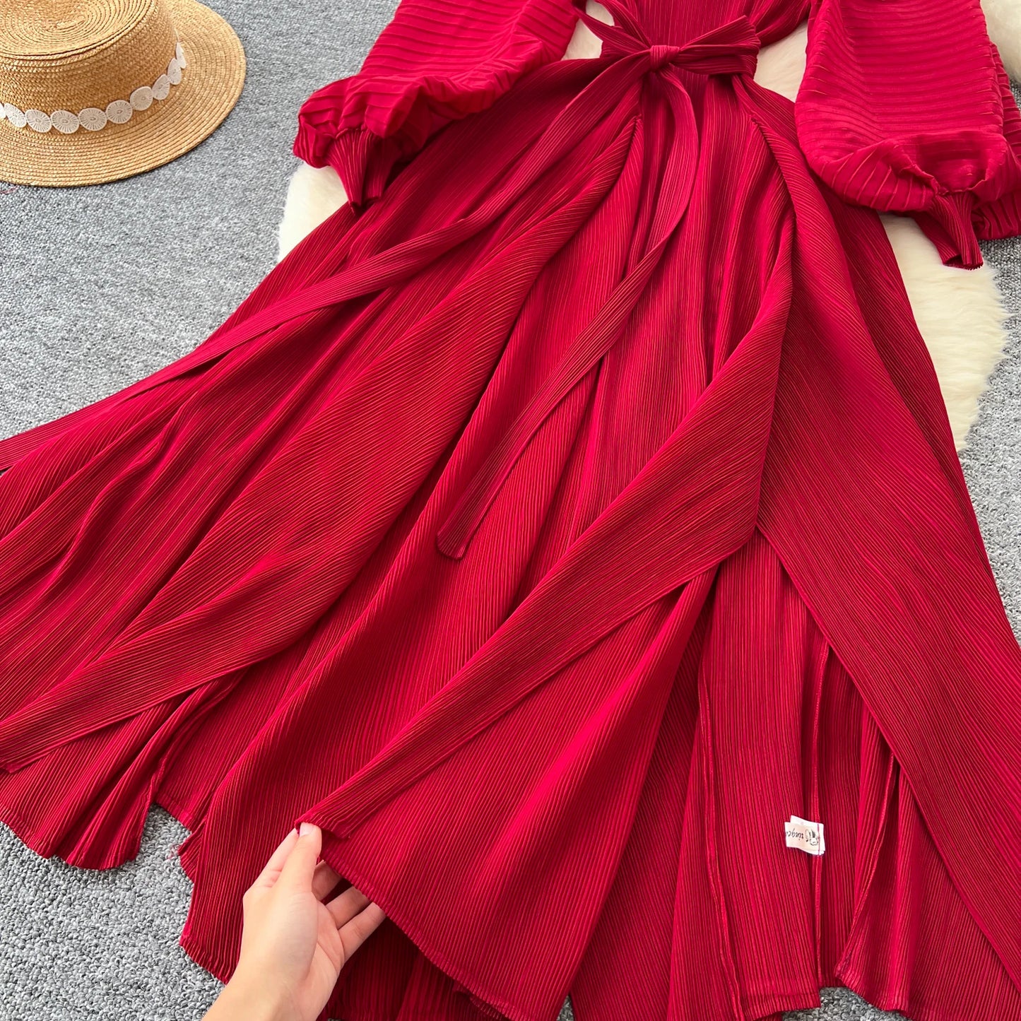 Vintage Elegant Lantern Sleeve Sweet Pleated Dress Women Basics Fashion Summer Spring Dresse