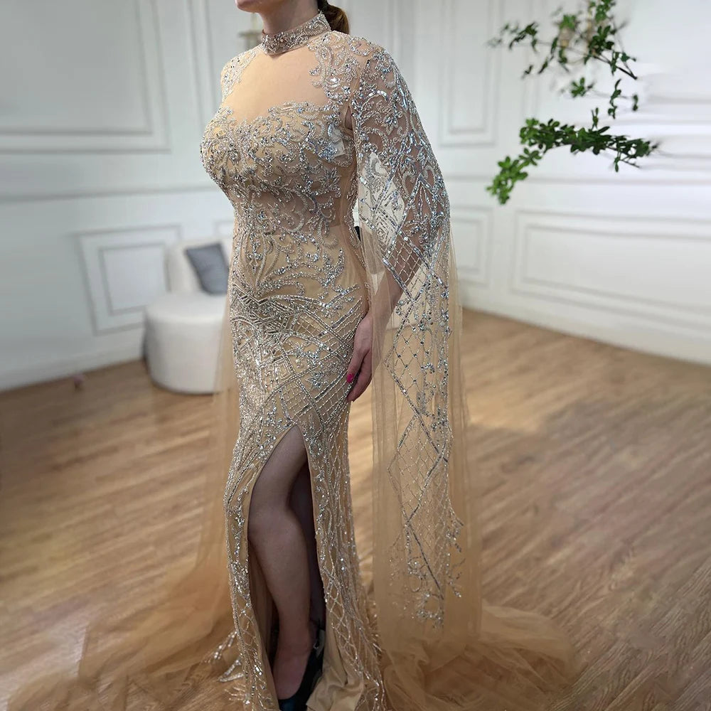 Serene Hill Nude Mermaid Elegant Sexy High Collar Cape Sleeves Luxury Beaded Evening Dresses Gowns 2024 For Women Party GLA71747