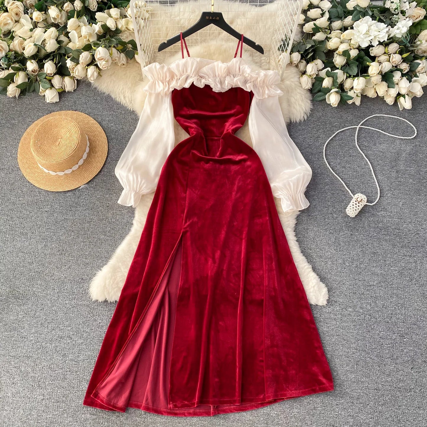 Sexy Bodycon Off Shoulder Party Dress Women Ruffles Velvet Patchwork Elegant Lady Fashion Prom Robe A-Line Vestidos Mujers New
