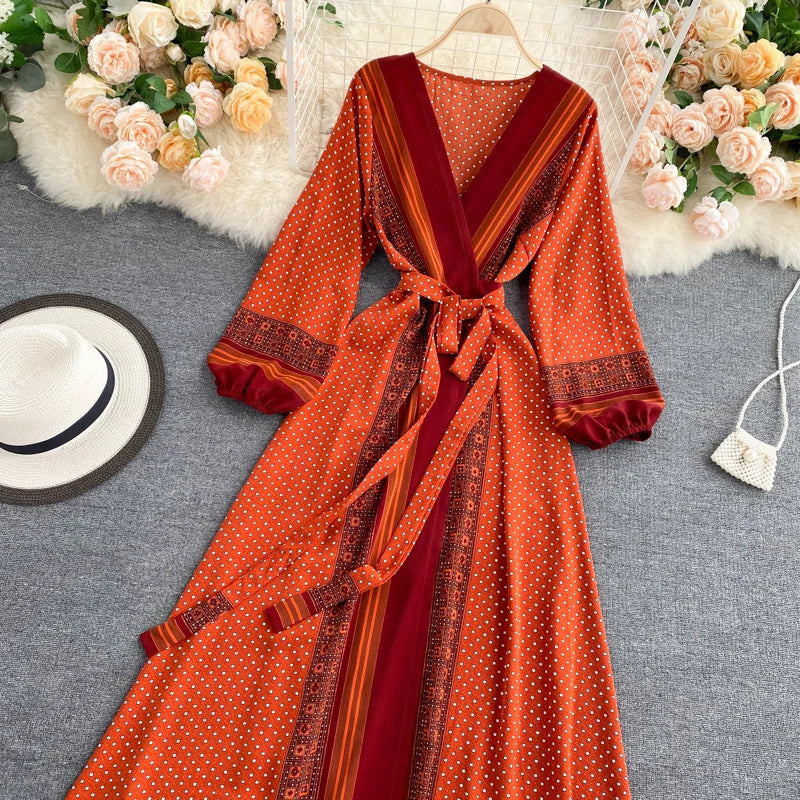 Vintage Print Elegant Puff Sleeve One Piece Dress A-line Lace-up Beach Vacation Midi Dress Women Fashion Spring Autumn Vestidos