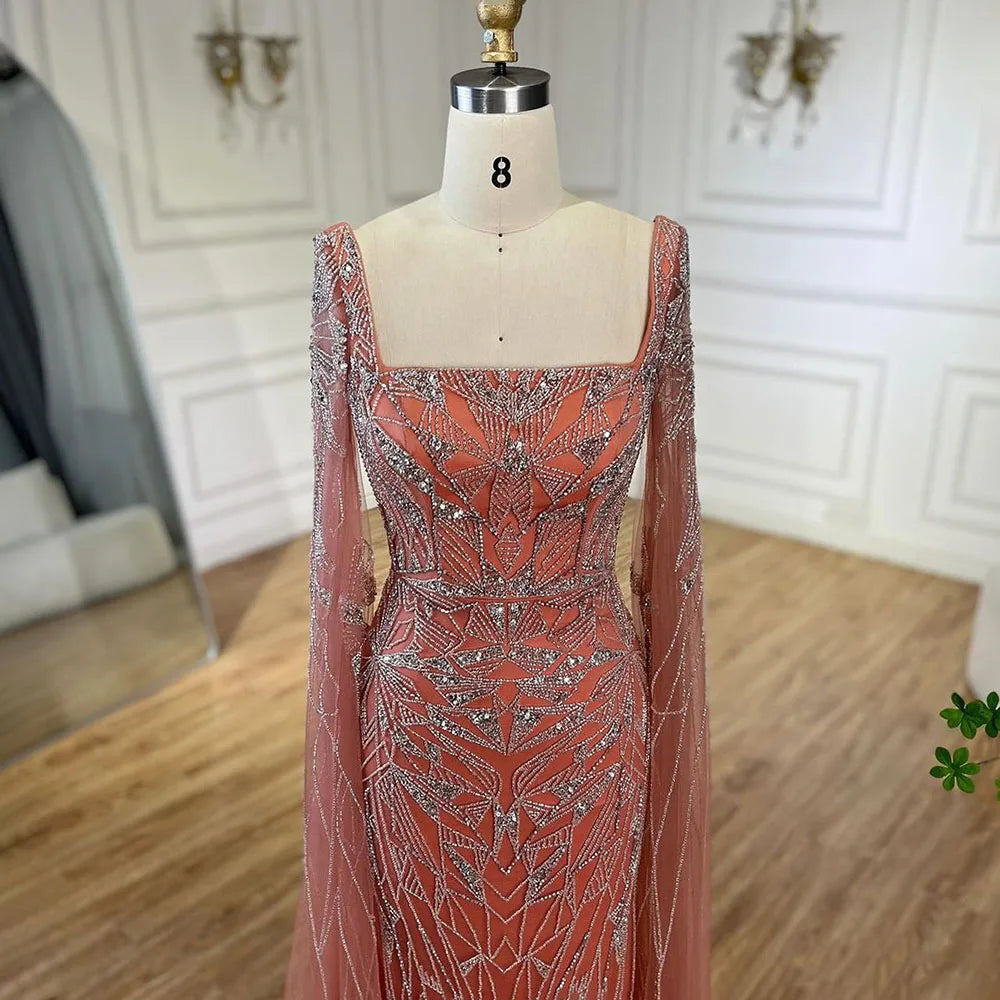 Serene Hill Arabic Pink Cape Sleeves Mermaid Dubai Evening Dresses Beaded Luxury Wedding Party Gowns For Women 2024 LA72261