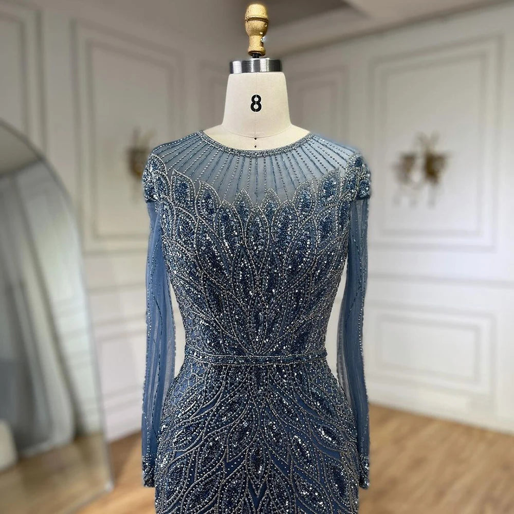 Serene Hill Muslim Blue Mermaid Luxury Beaded Dubai Long Evening Dresses Gowns for Women Wedding Party 2024 LA71999L