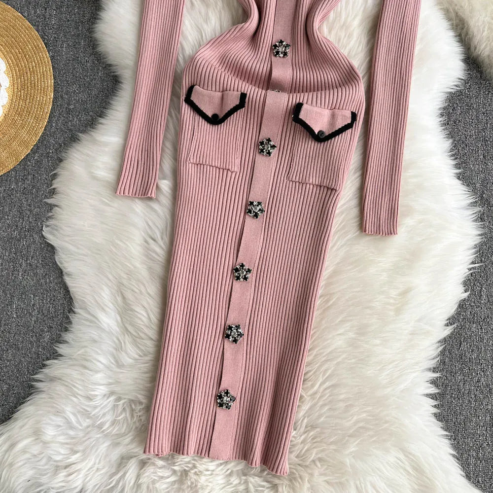 Women Elegant Chic Long Sleeve Sexy Slim Bodycon Dress Vintage Korean Fashion Knit Tight Vestido Autumn Winter Sweater Robe